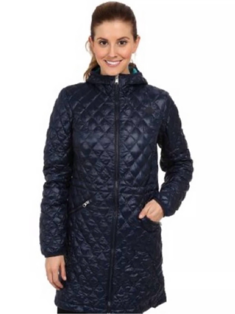 The North Face Quilted Puffer Coat Navy Blue with Teal Lining